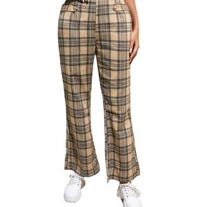 SHEIN Tan Boot Cut Flare Pants with Retro Plaid